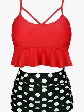 COCOSHIP Retro Boho Red Flounce Bikini Top - size 8